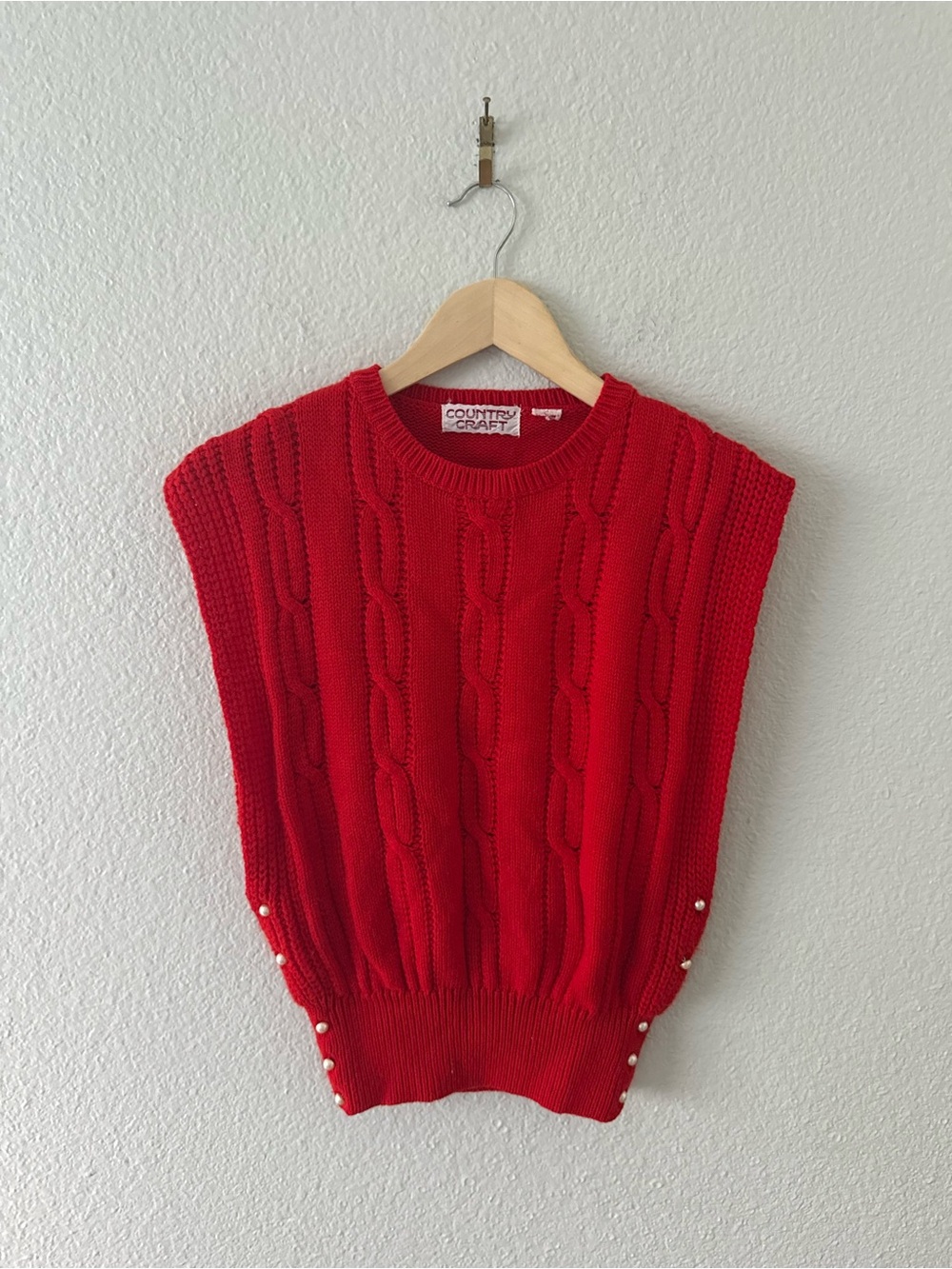80s Vintage Sweater Vest Red Cable Knit with Pearl Buttons